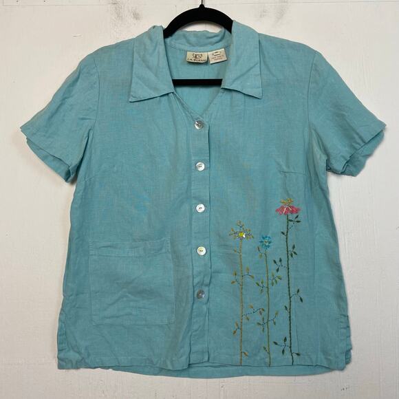 LA Blend 100% Linen Light Blue Embroidered Beaded Top Pants Set Size Medium - Picture 2 of 16